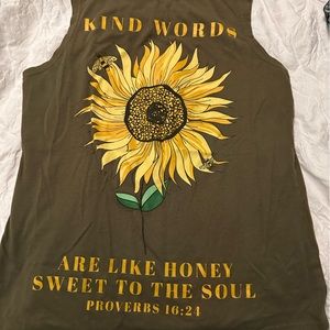 Olive green, sunflower Kind Words tank top.